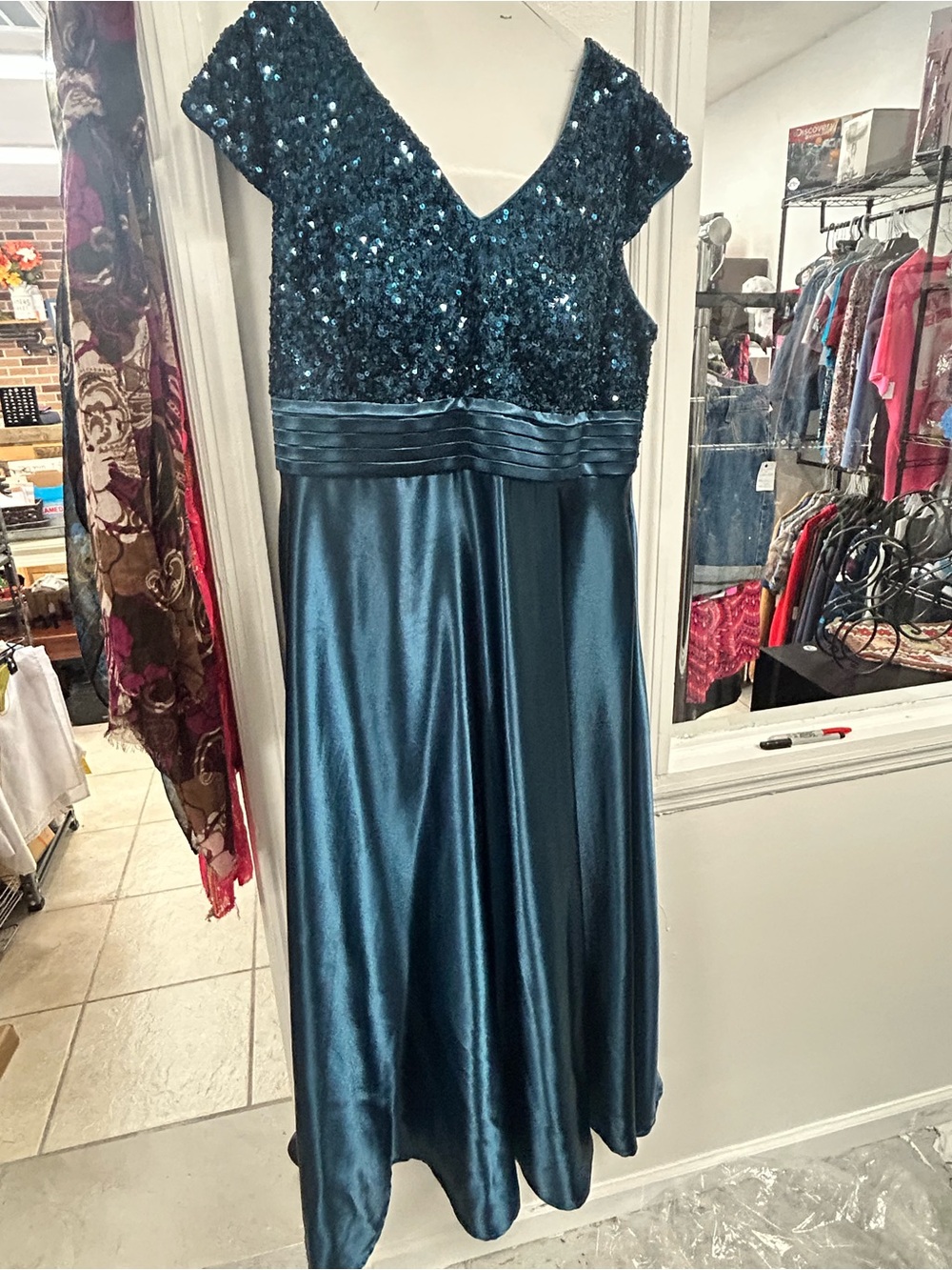XUIBOL Teal Sequin V-Neck Evening Gown Maxi Dress Plus Size 2XL